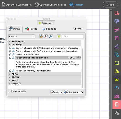 The Preflight window in Adobe Acrobat with “Flatten annotations and form fields” selected under PDF fixups, described as flattening annotations so they become part of the page content, with Analyze and “Analyze and fix” buttons.